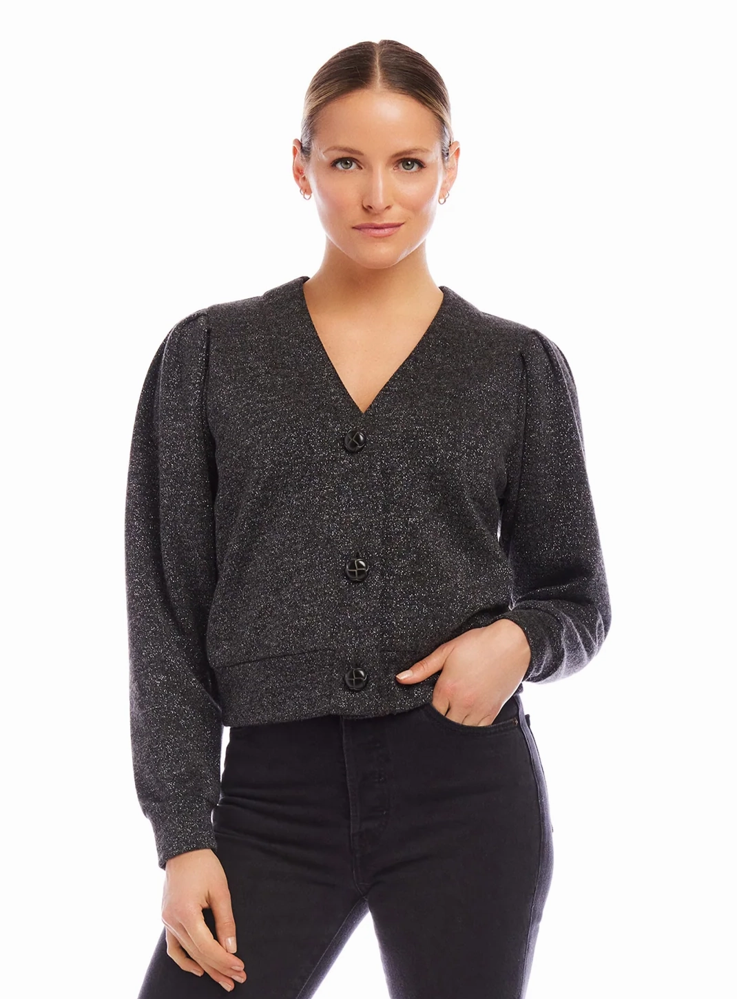 DurableStitching Multi Directional Mobility Madeline Cardigan in Black with Silver