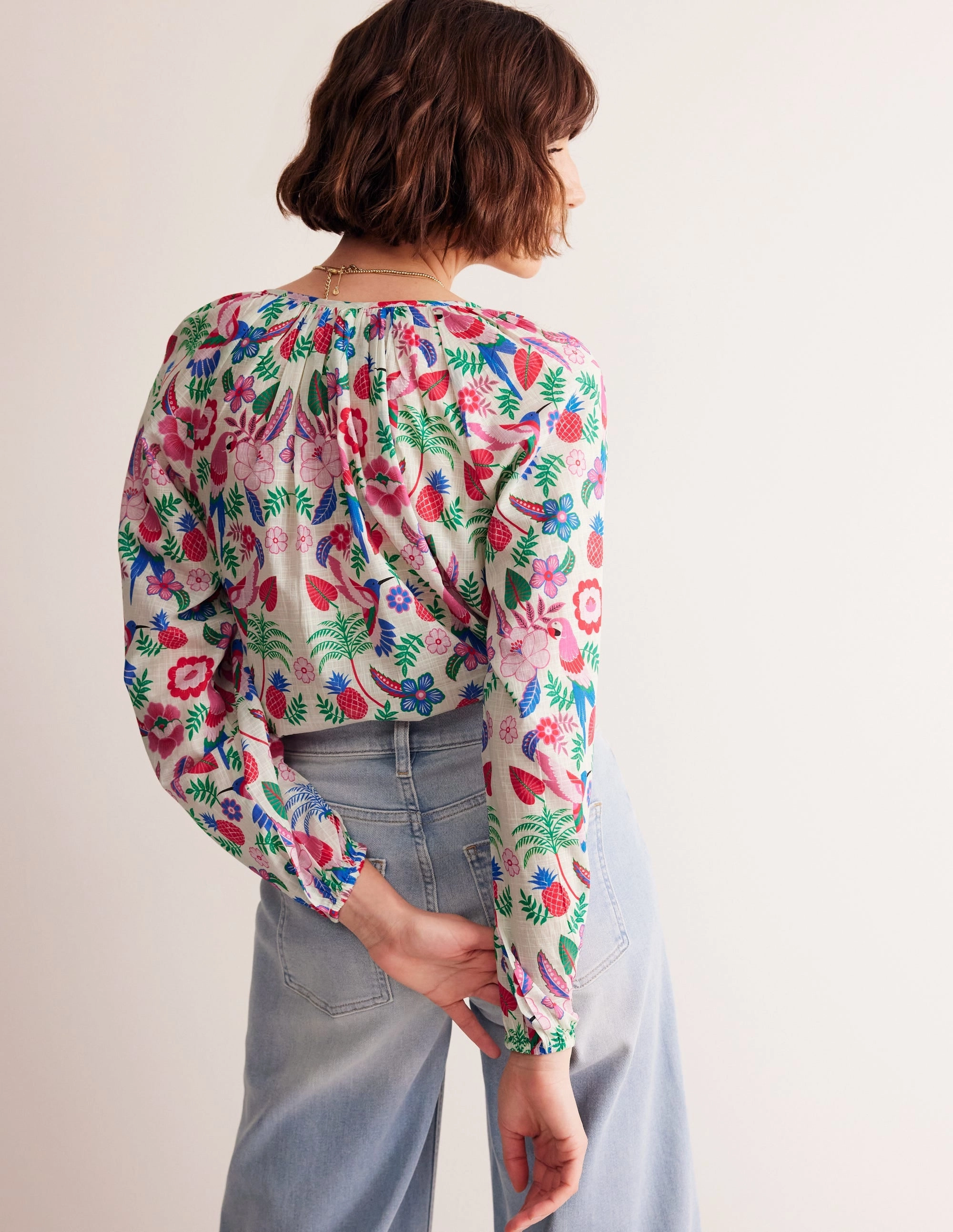 Serena Cotton Blouse-Ivory, Tropic Parrot AntiMicrobialLining