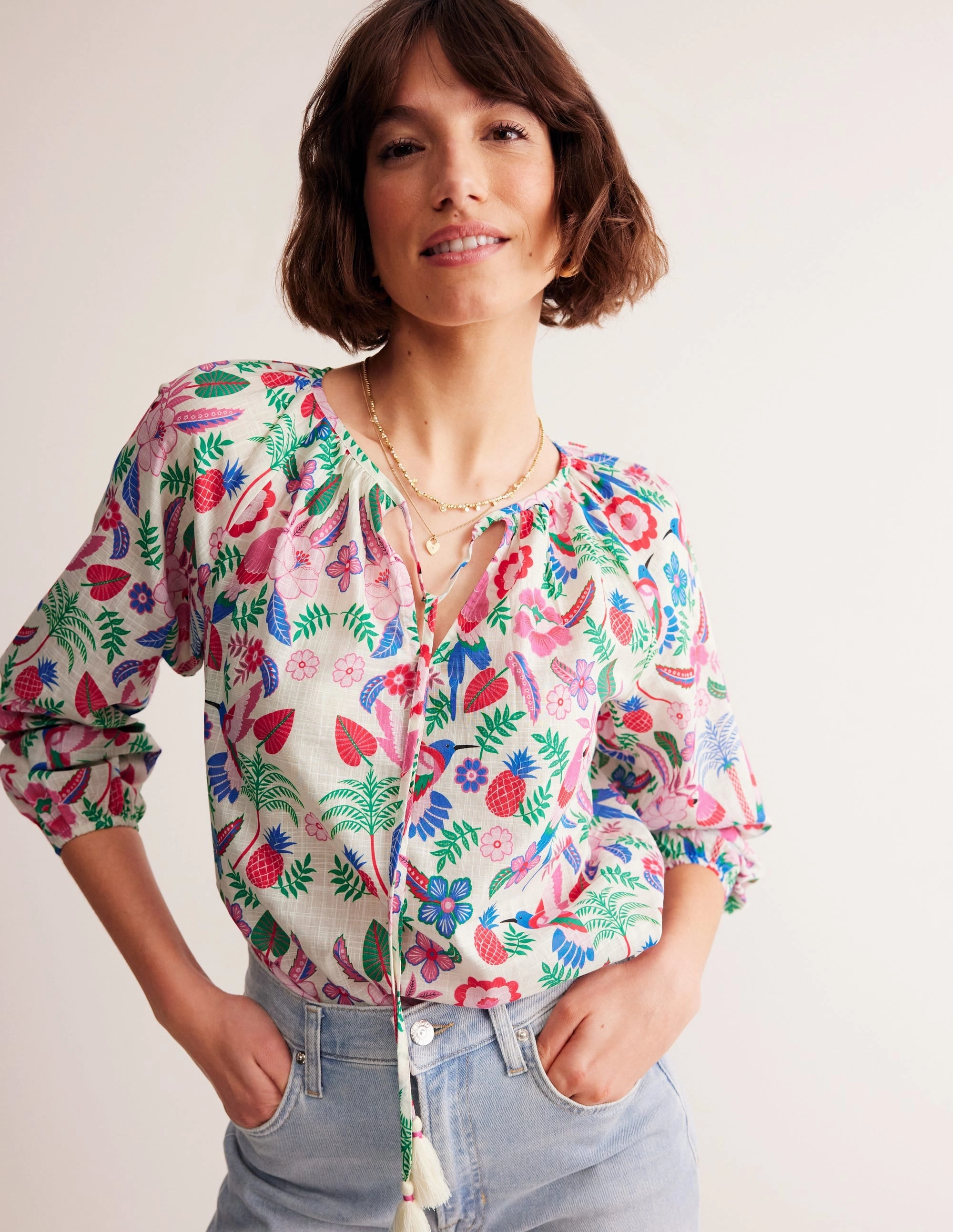UltraSoft Blend Stretch Knit Material Serena Cotton Blouse-Ivory, Tropic Parrot