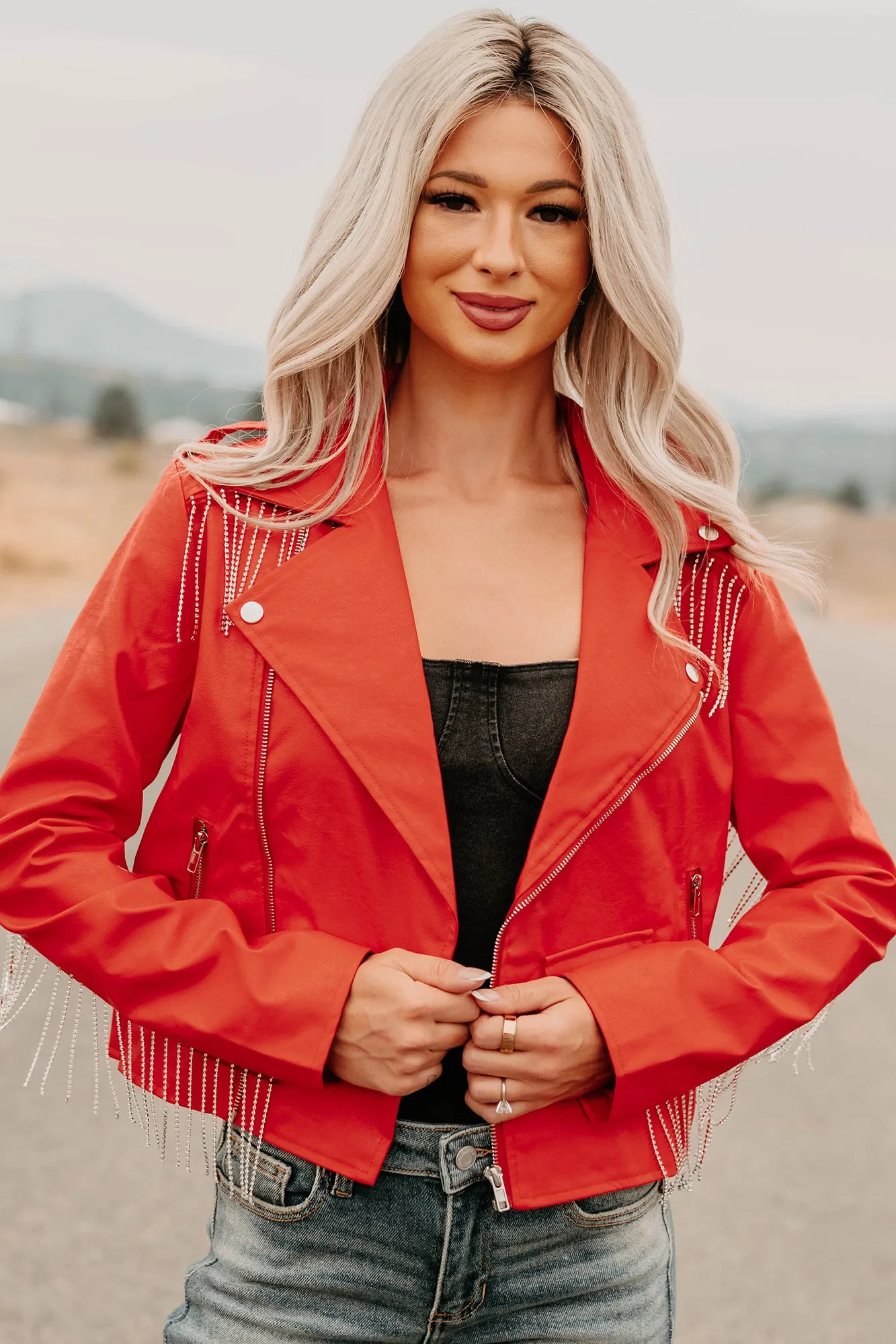 Cologne Poised Progress Rhinestone Fringe Signature 8 Moto Jacket (Red)