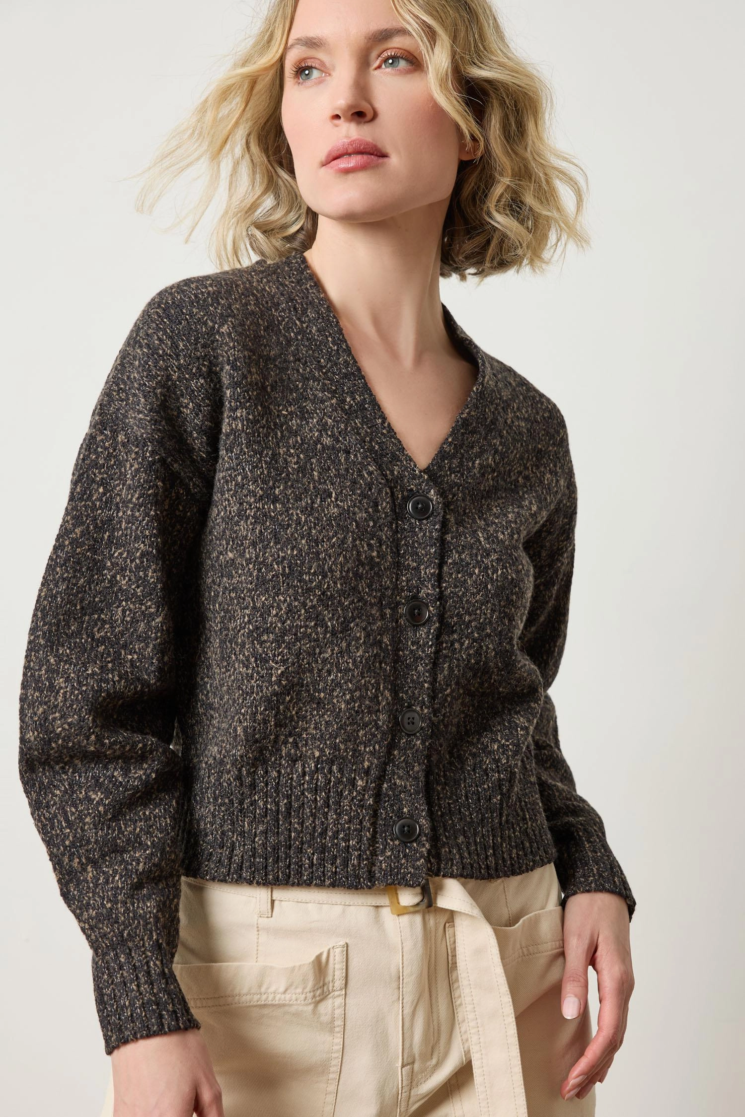 Marled V-Neck Cardigan in Black Marl Eco Friendly Dye Everyday Wear