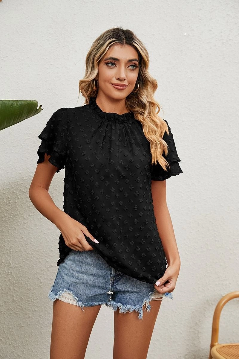 BondedShoulder Stretchable Waistband RUFFLED ROUND NECK JACQUARD WEAVE CHIFFON BLOUSE