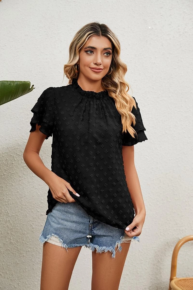 RUFFLED ROUND NECK JACQUARD WEAVE CHIFFON BLOUSE UltraFineMesh