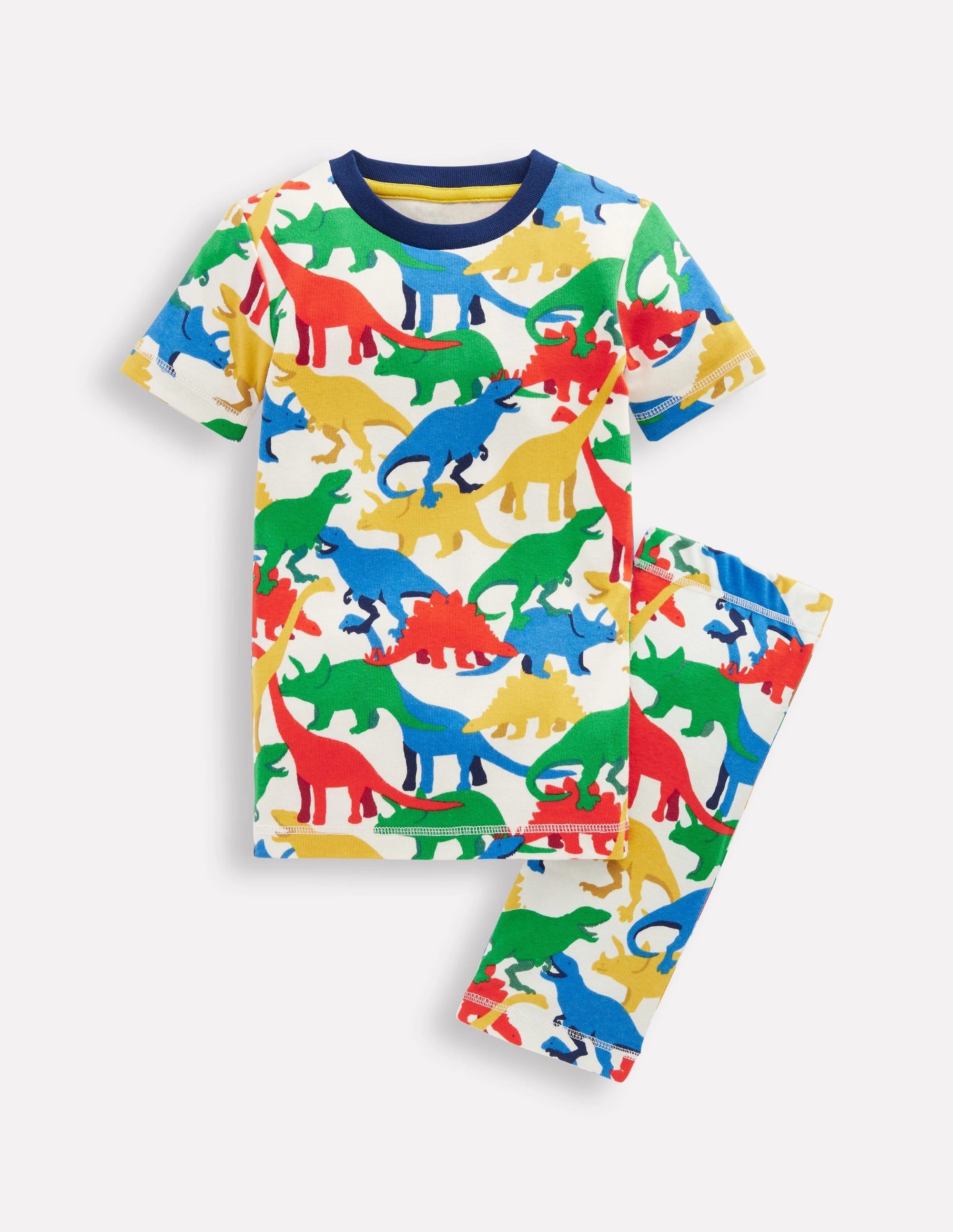 Snug Short John Pyjamas-Multi Dinos Ribbed Neckline AllDaySoftness