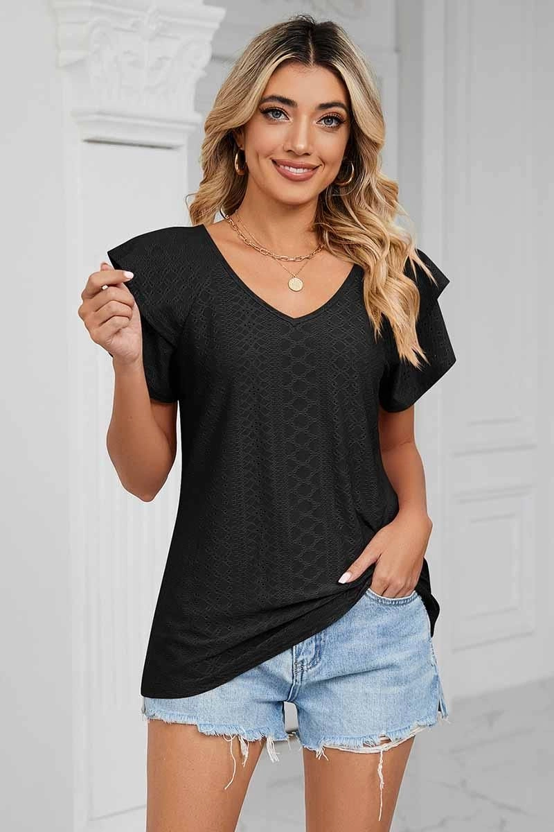 PUNCHING LACE CAKE PUFF V NECK T-SHIRTS Compact Jacquard Weave Oversized Collar