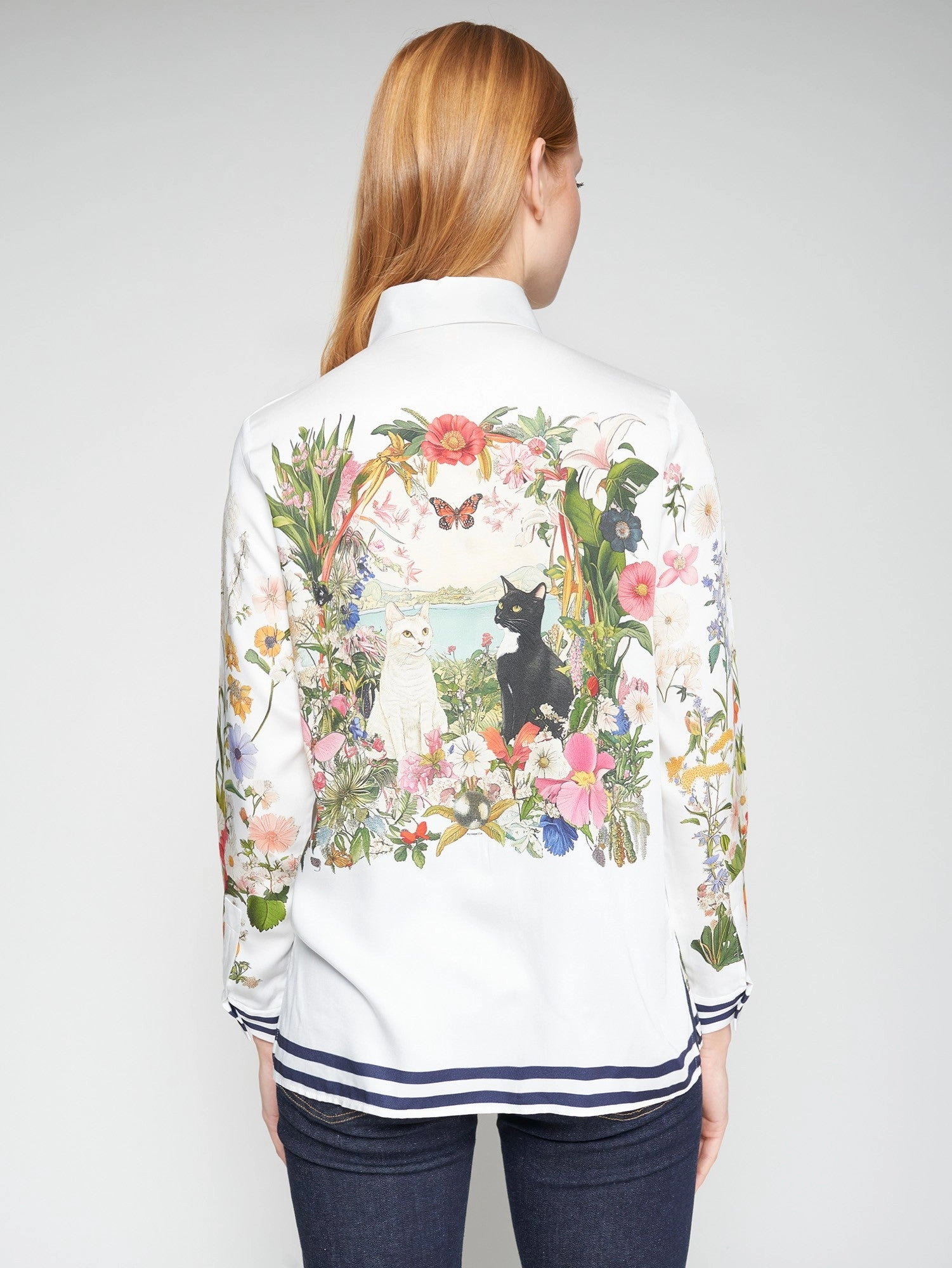 Tea Blouse in White Gatos Print Eco friendly materials