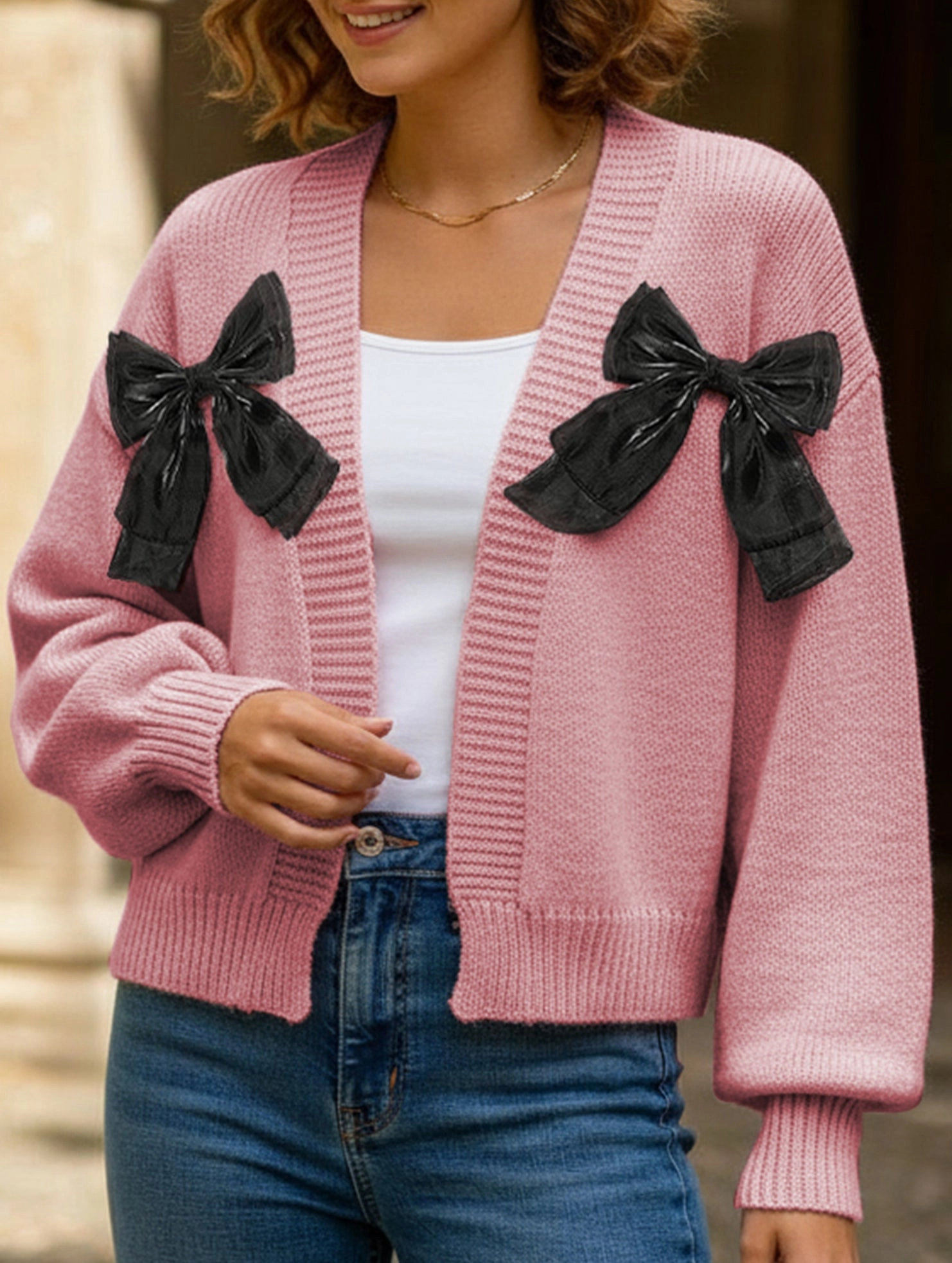Women's Ribbon Bow Spliced Cardigan Sweater OdorResistantTechnology