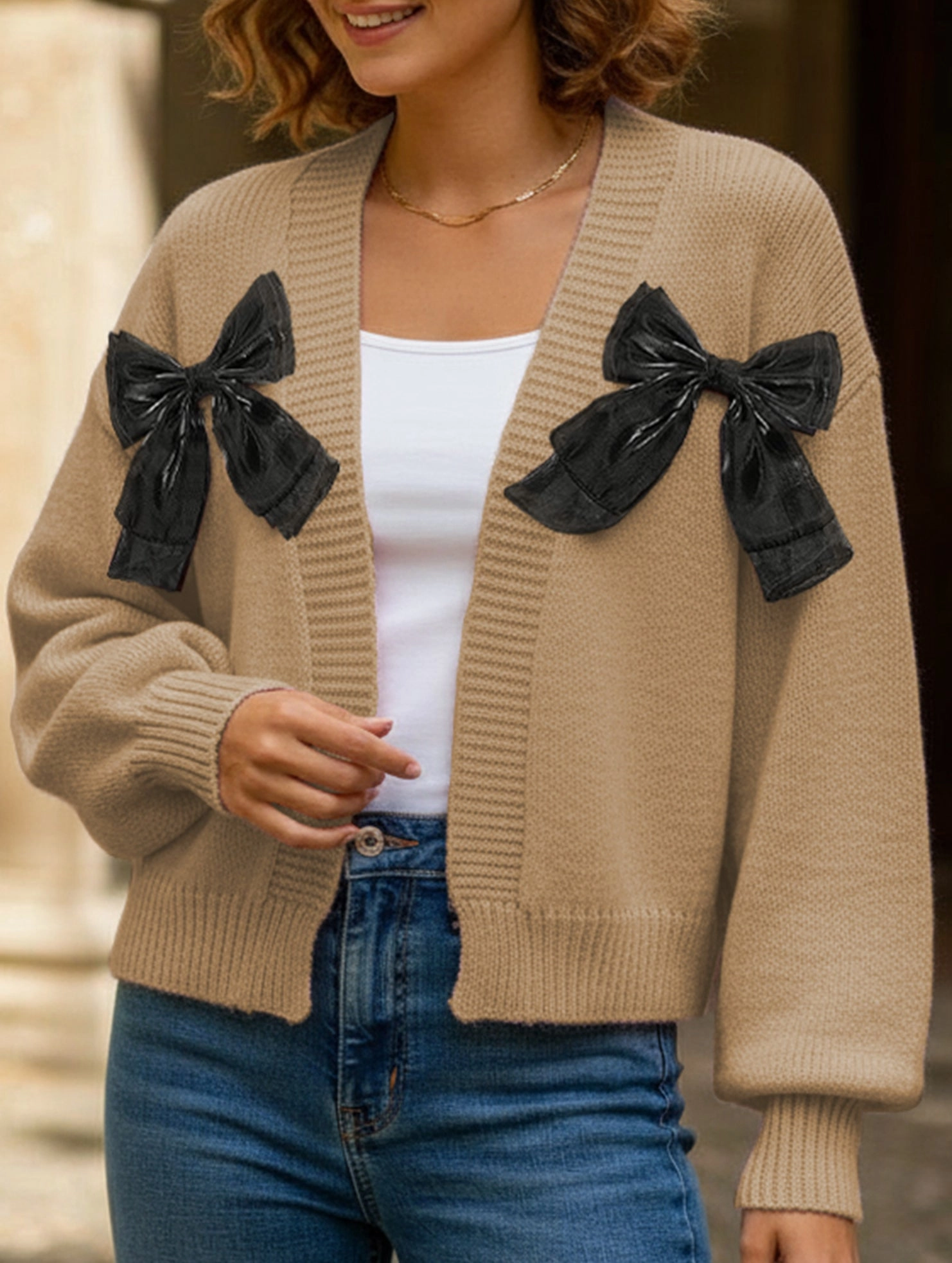 All Day Comfort Women's Ribbon Bow Spliced Cardigan Sweater