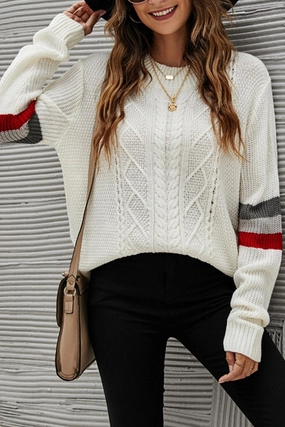 Lightweight Knit MicroPerforated Details WOMEN COLOR STRIPE SLEEVE LOOSE KNIT JUPMER TOP