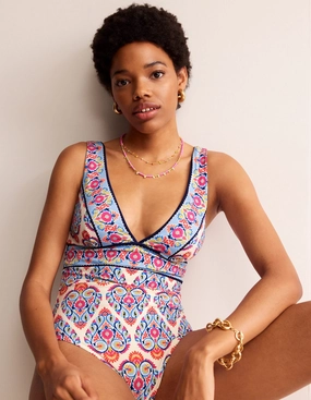 Lounge-wear Quick Drain Vents Porto V-Neck Swimsuit-Ivory, Flora Stamp