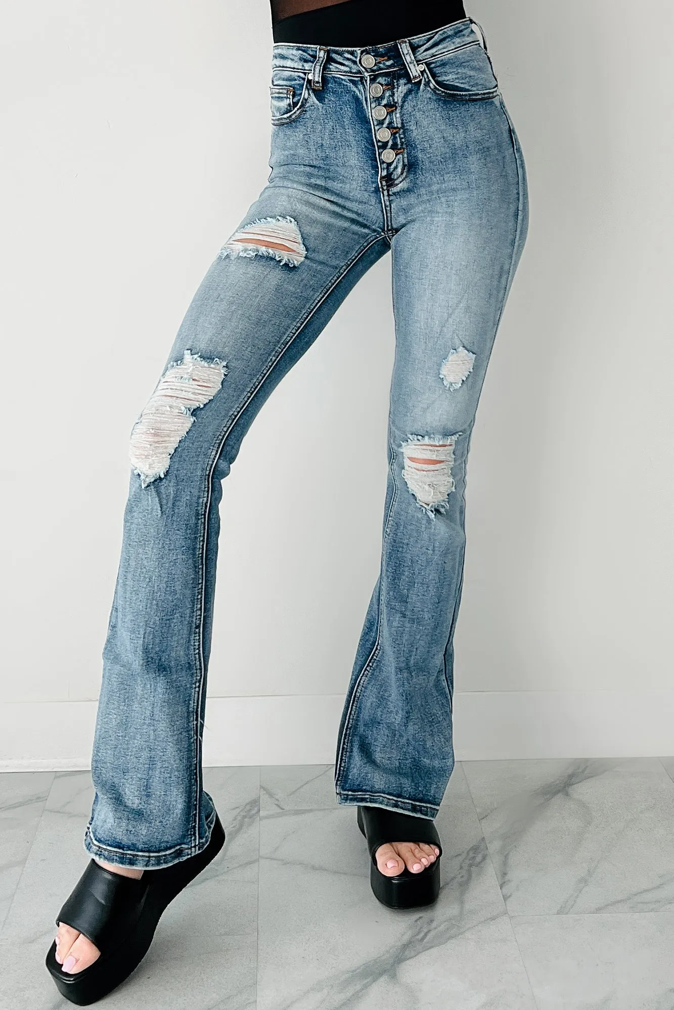 Garment Dyed Finish Aysha High Rise Distressed Indigo Reign Flare Jeans (Medium)
