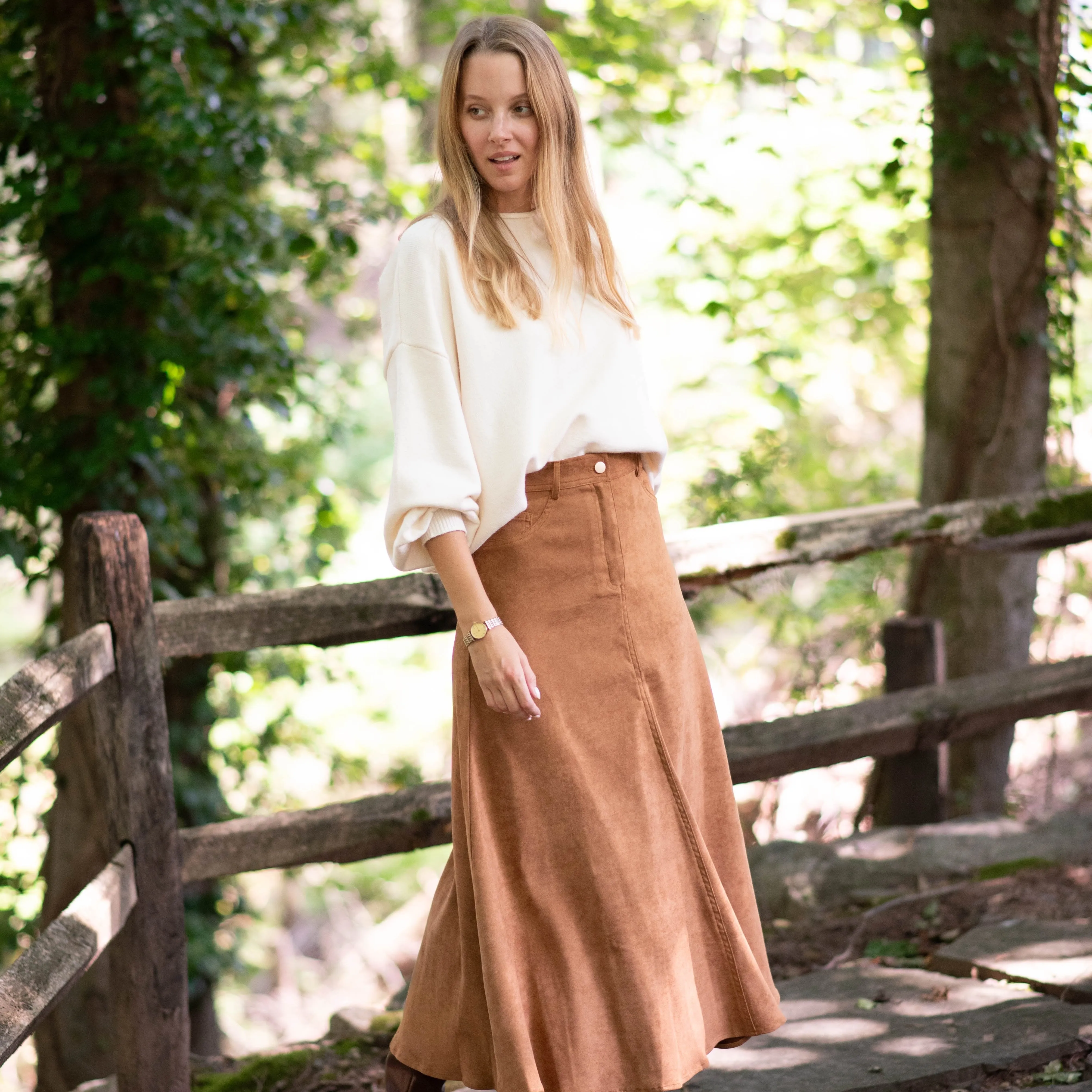 Comfort Waist Layered Protection Suede Maxi Skirt | Camel