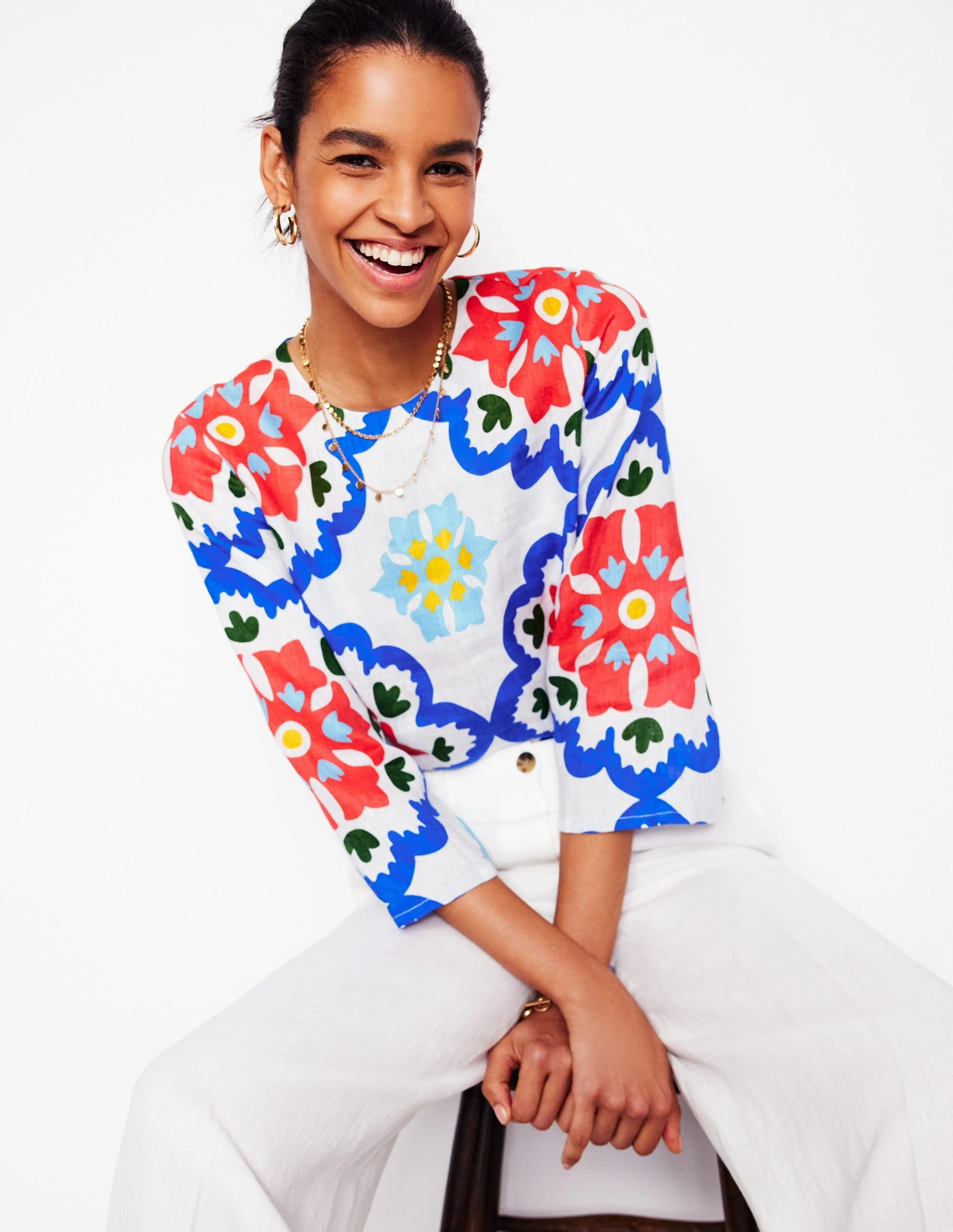 Contrast Stitch Detail Retro design Fluted Sleeve Linen Top-Ivory, Bloom Geo