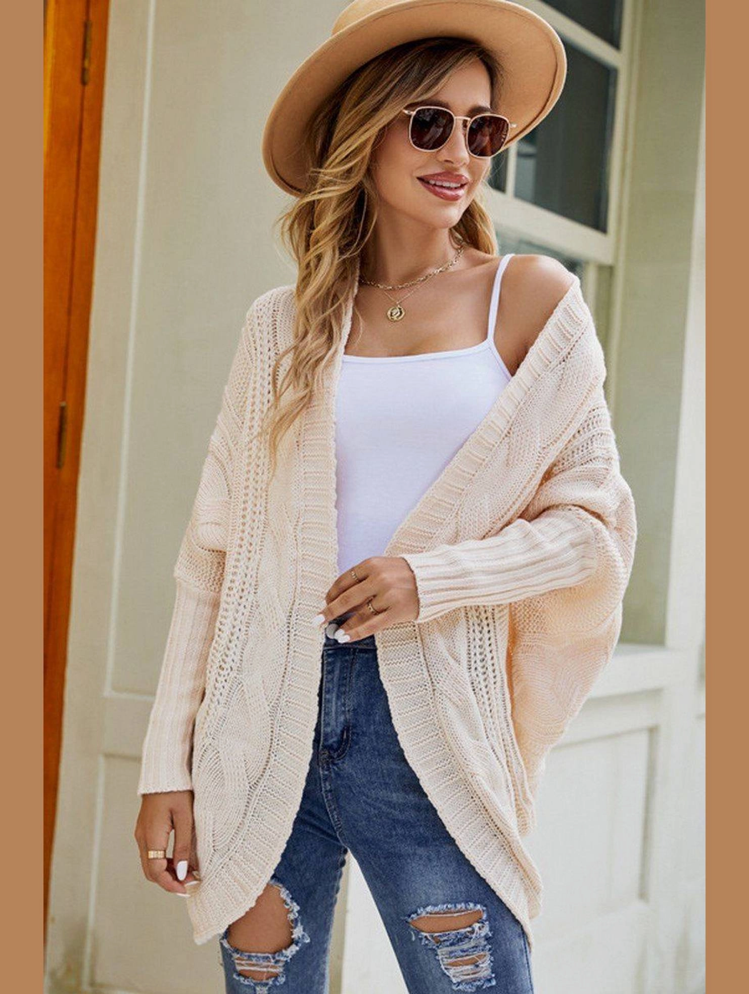 Fashionable Tank Layered Collar Structure WOMEN CHUNKY KNITTED SOLID FALL WINTER CARDIGAN