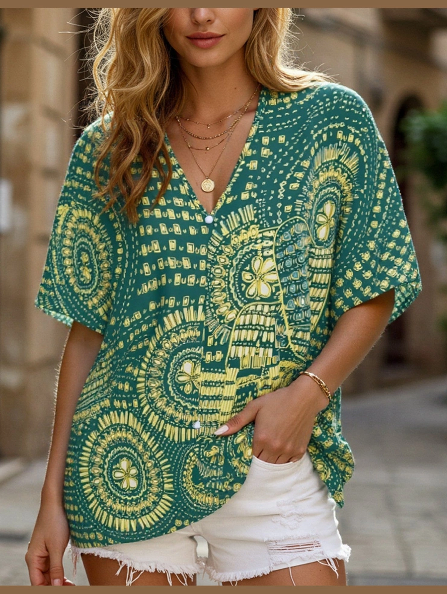 slim fit V-Neck Printed Resort-Style Bat-Sleeved Top ??Breezy & Chic Summer Essential