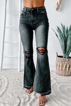 Versatile Layering Piece Double Stitched Seams Nessa High Rise Distressed Risen Flare Jeans (Black)