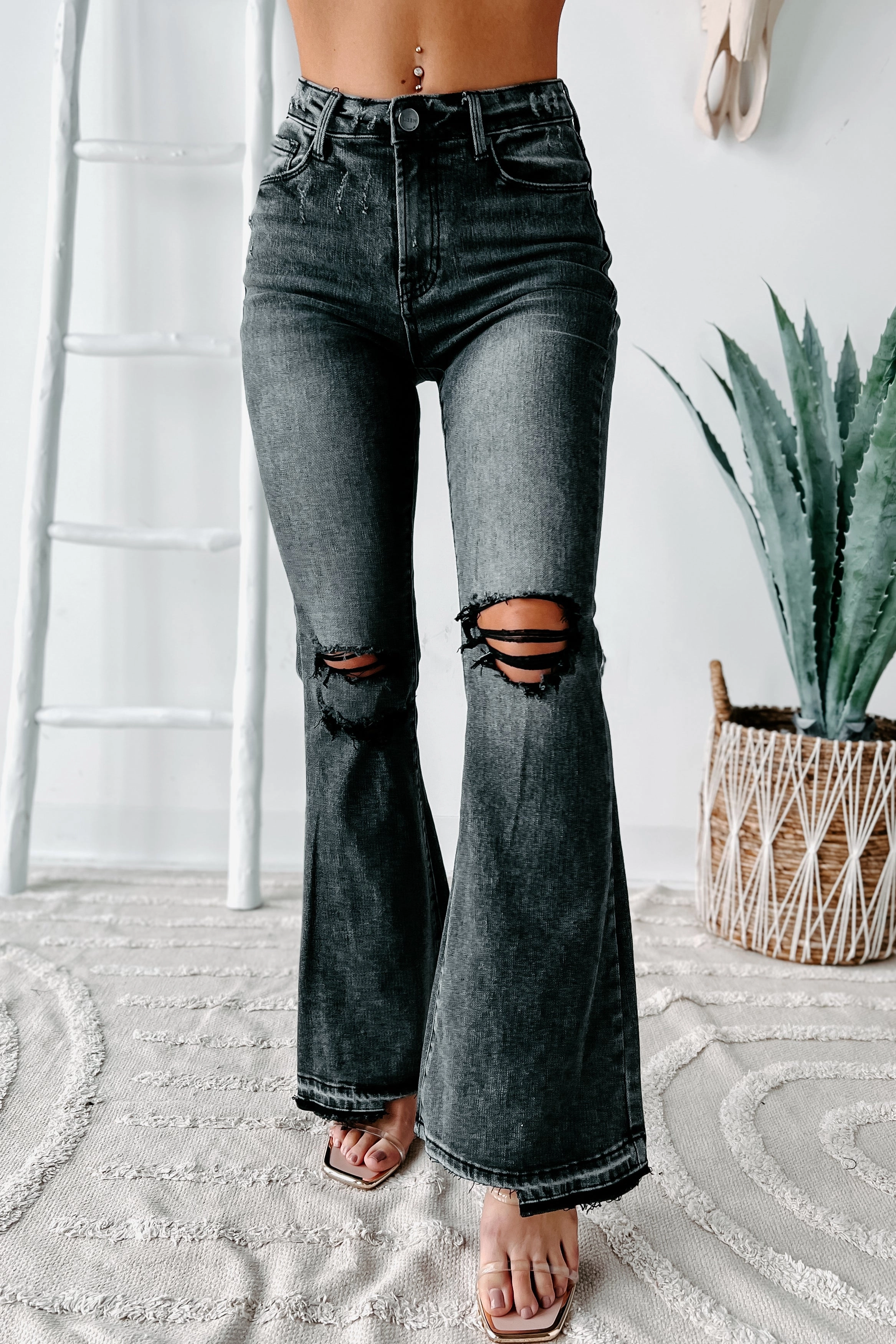 Versatile Layering Piece Double Stitched Seams Nessa High Rise Distressed Risen Flare Jeans (Black)
