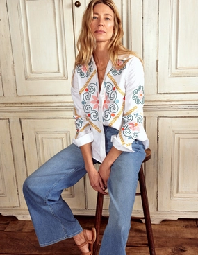 Sienna Embroidered Linen Shirt-White SheerLayering ButterSoft Handfeel