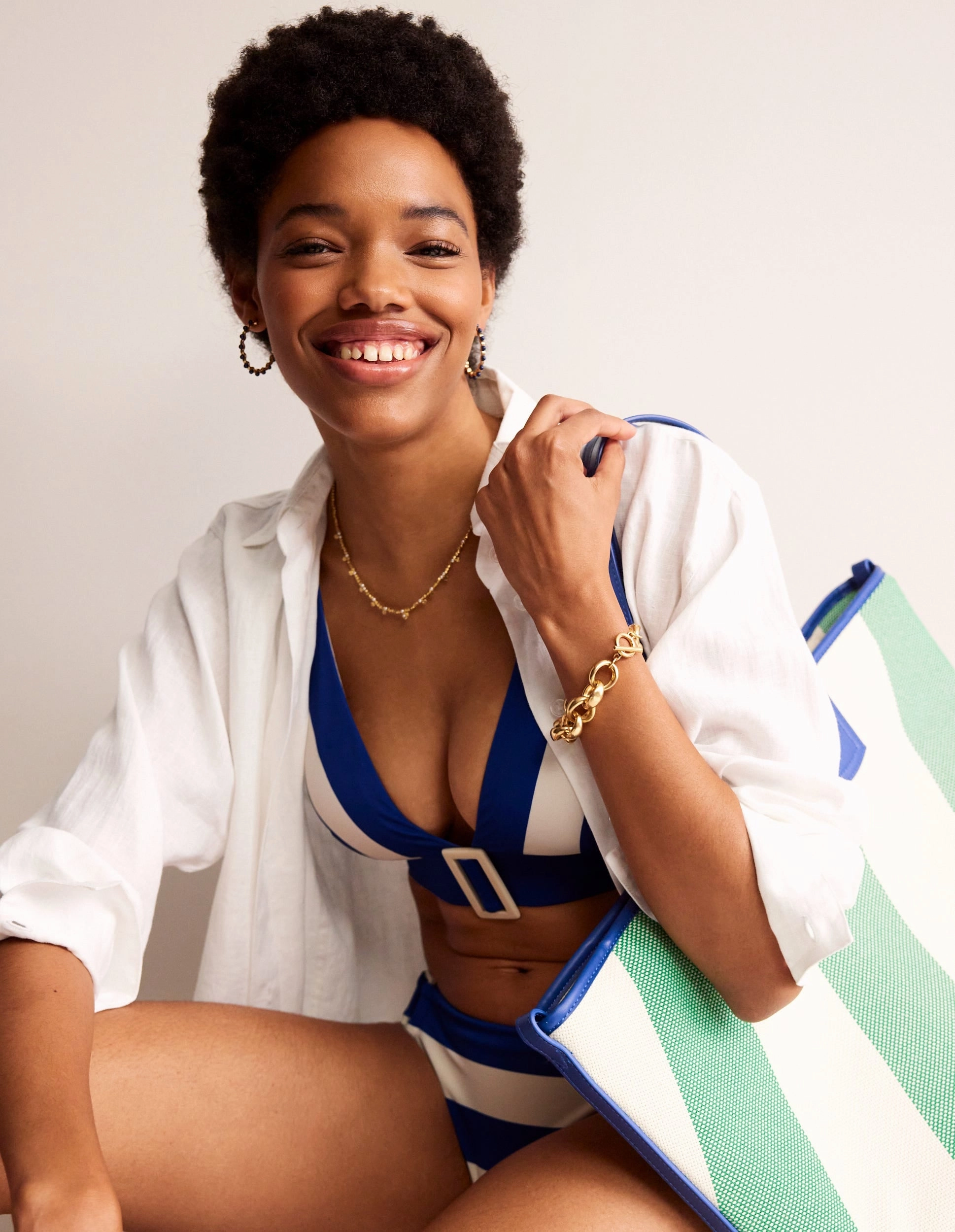 Neutral-Tones Resin Buckle Bikini Top-Blue/ Ivory Stripe