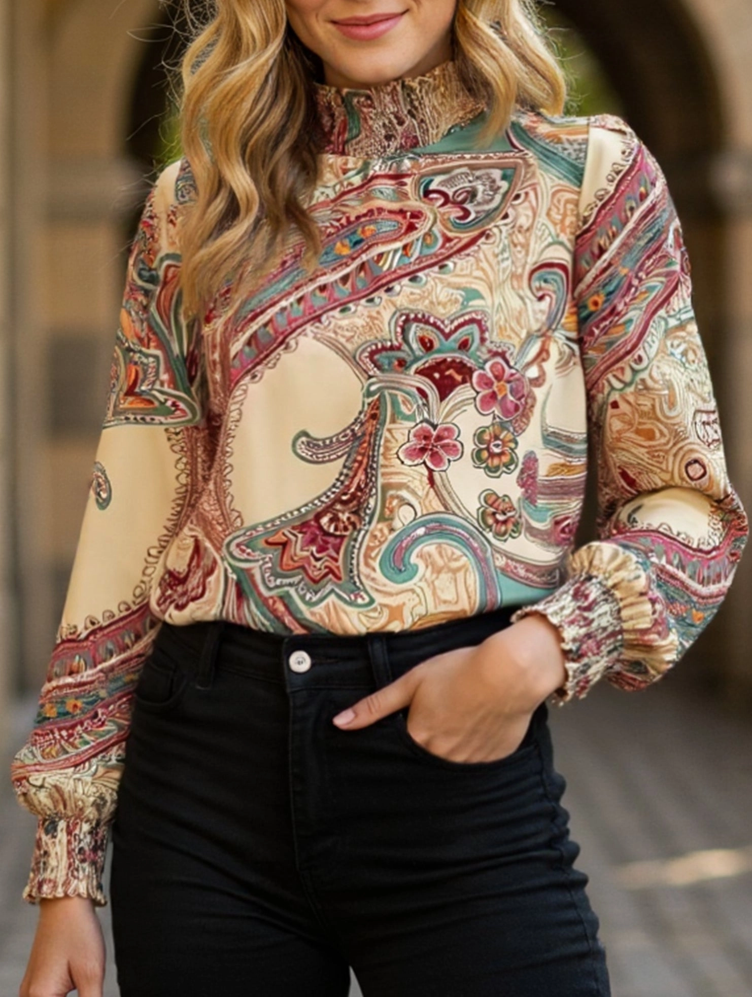 Retro Bohemian Print Turtleneck Long Sleeve Top Street Style Casual Style