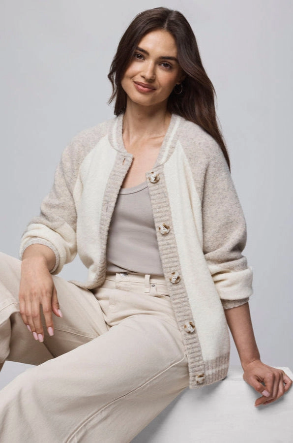 Layered Panel Construction Rhodes Varsity Shacket in Neutral Color Block