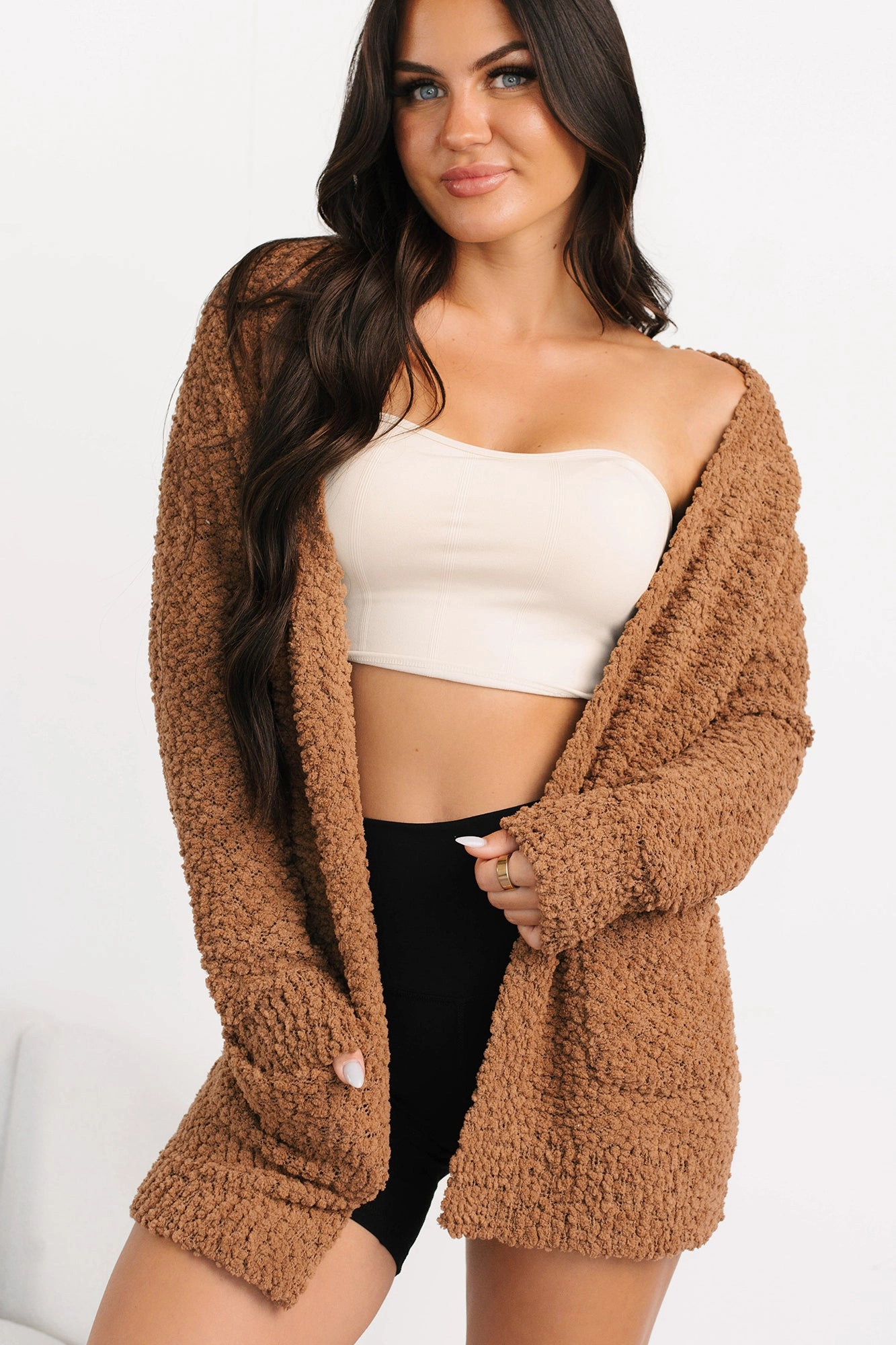 Cloud Cocoon Zenana Popcorn Knit Cardigan (Deep Camel) Recycled Polyester AntiSnagYarnProcessing