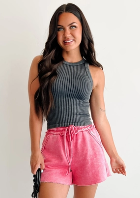 Kinda Into It Ribbed Washed Zenana Tank (Black) Double Layered Hem Reinforcement