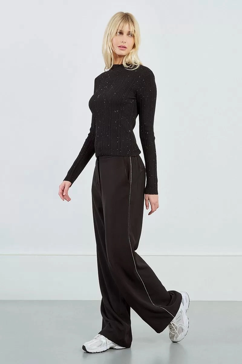 MultiPanelBreathability AntiMicrobialLining Ribbed Sequin Sweater in Black
