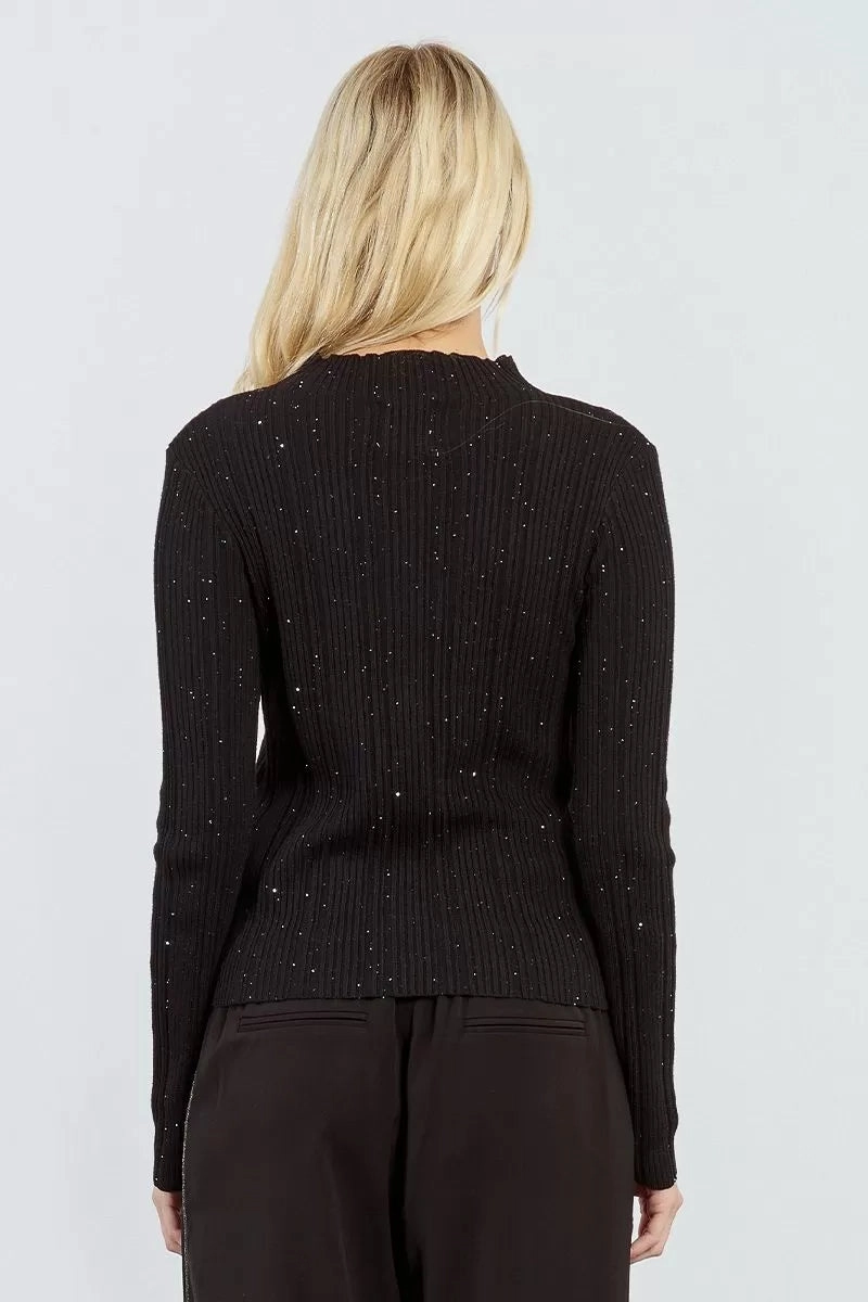 HighNeck Ribbed Sequin Sweater in Black