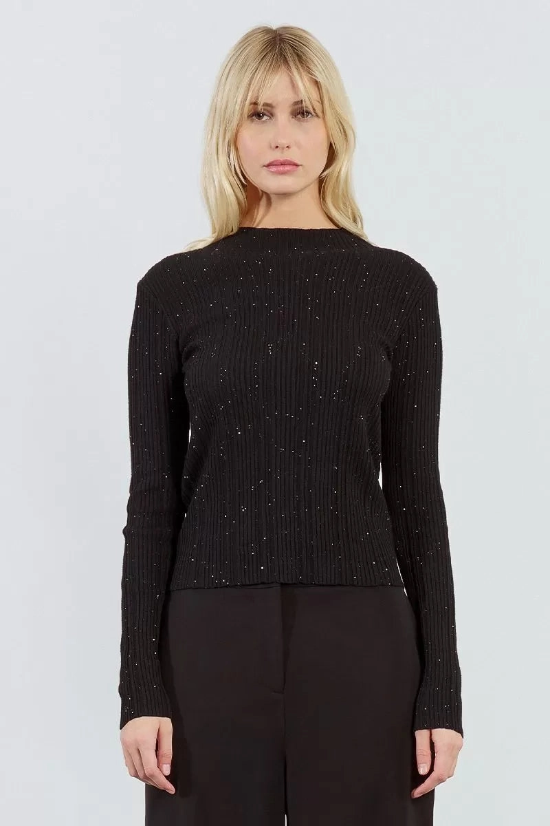 Ribbed Sequin Sweater in Black Wind Resistant Fabric