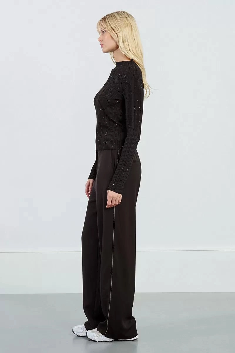 Ribbed Sequin Sweater in Black DoubleStitching Slim Silhouette