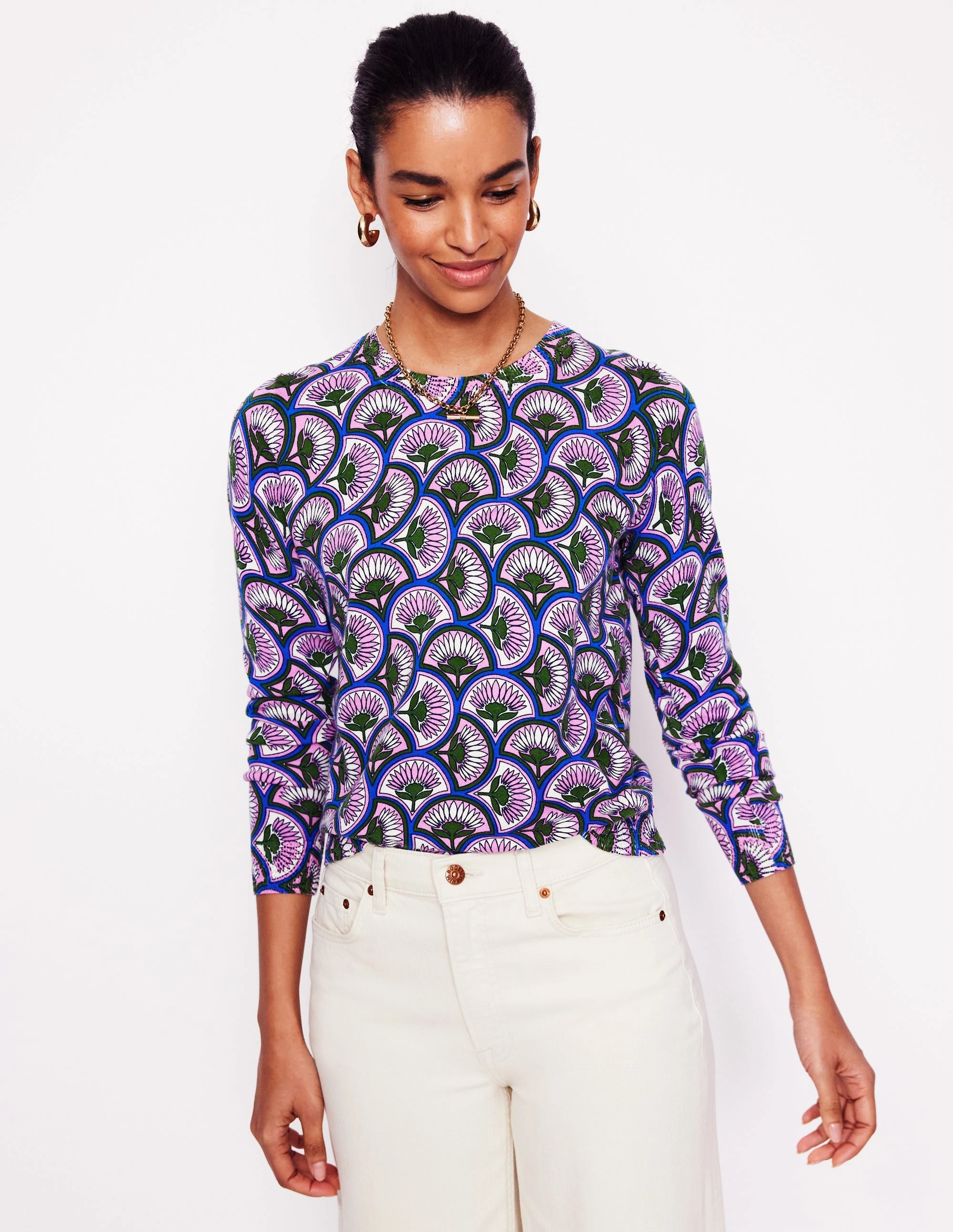 Subtle Detail Outdoor Layer Emilia Cotton Crew Jumper-Soft Lavender Pink, Daisy Arc