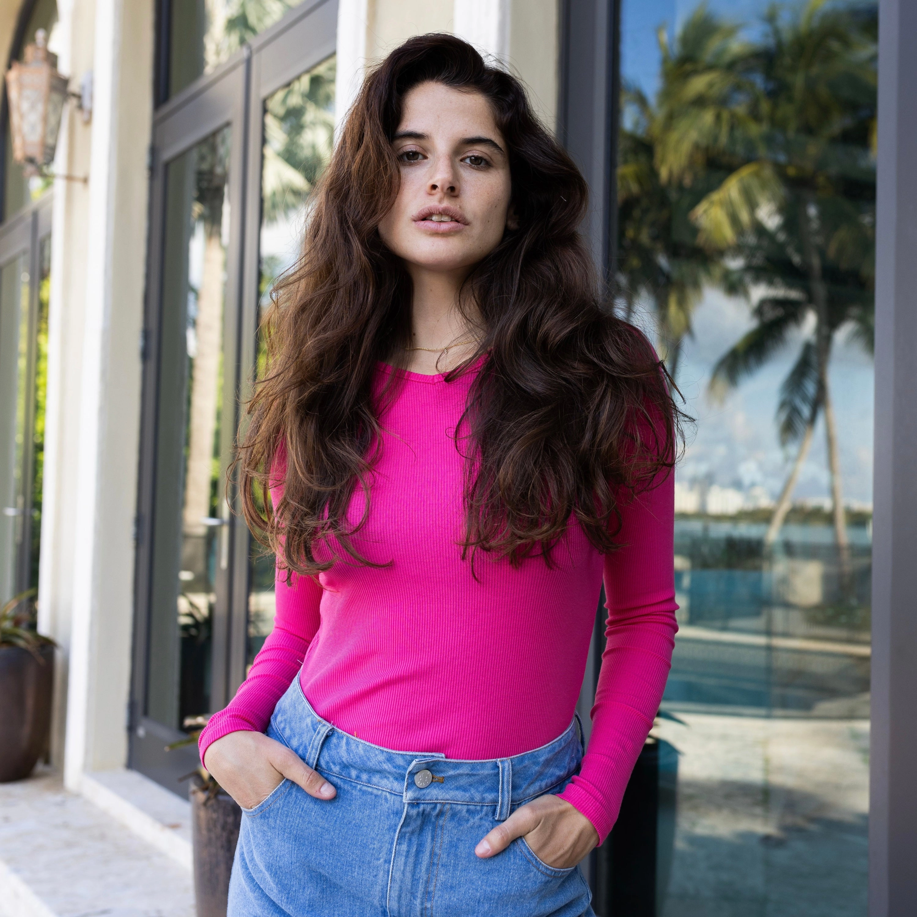 3D Spacer Fabric Ribbed V-Neck Tee | Highlighter Pink