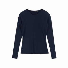 Ribbed V-Neck Tee | Navy Anti Static Cloth Blend Tencel Blend Fabric