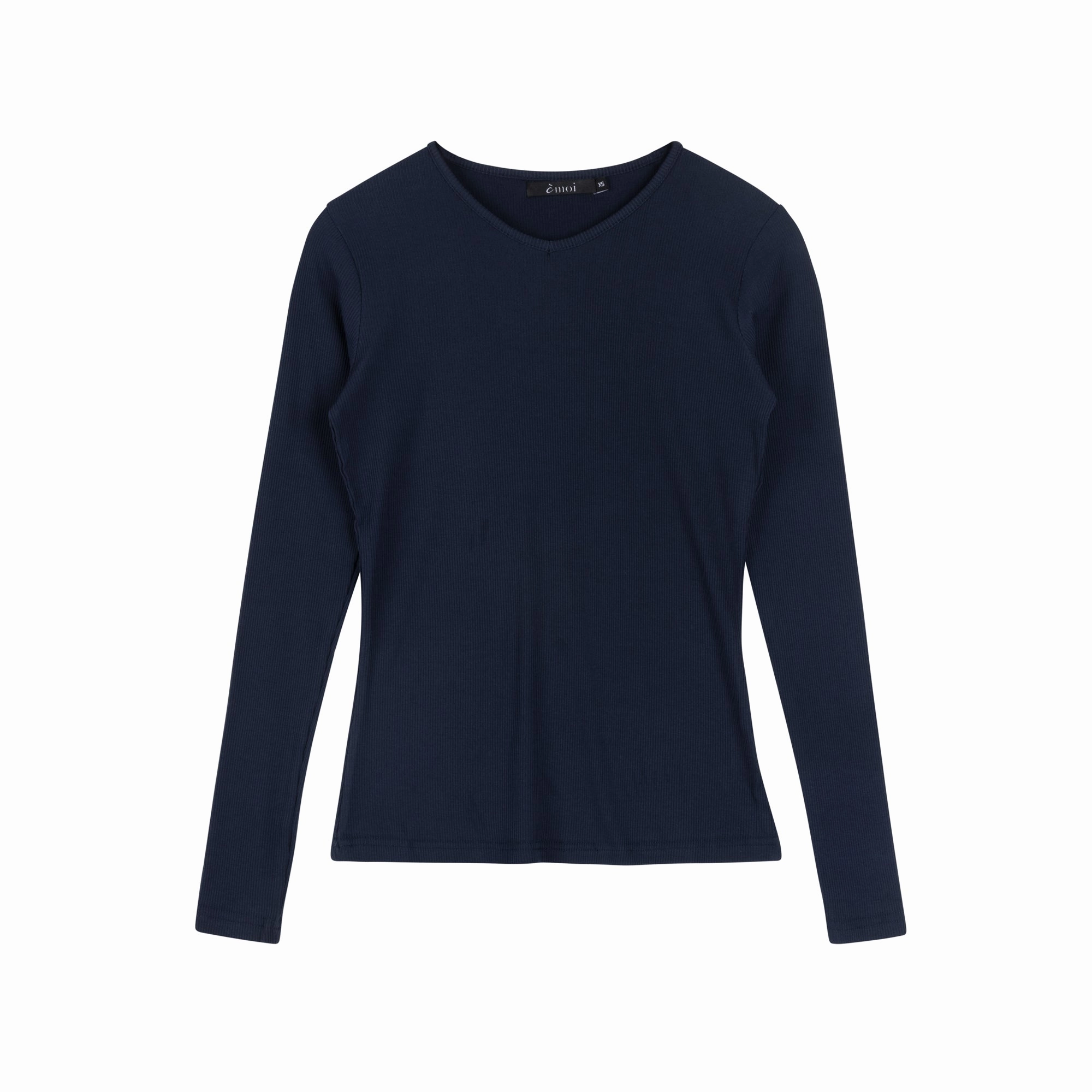 Ribbed V-Neck Tee | Navy Anti Static Cloth Blend Tencel Blend Fabric