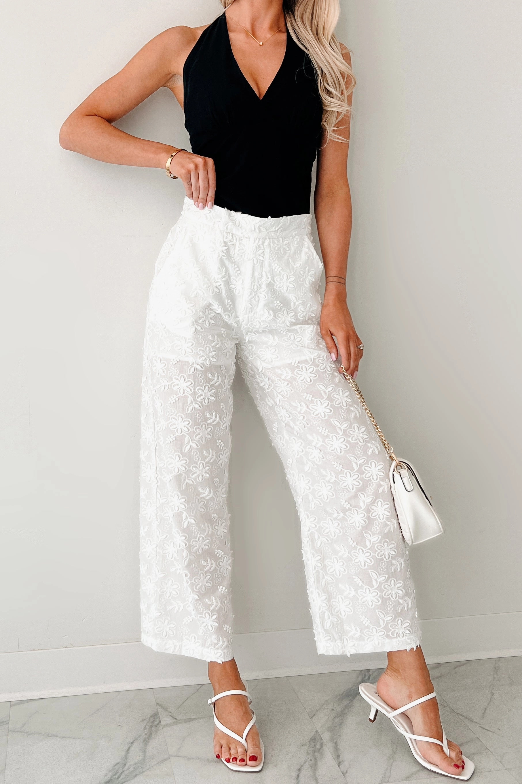Day Hike Quick Dry Wear Rise & Shine Floral Embroidered Wide Leg Pants (White)