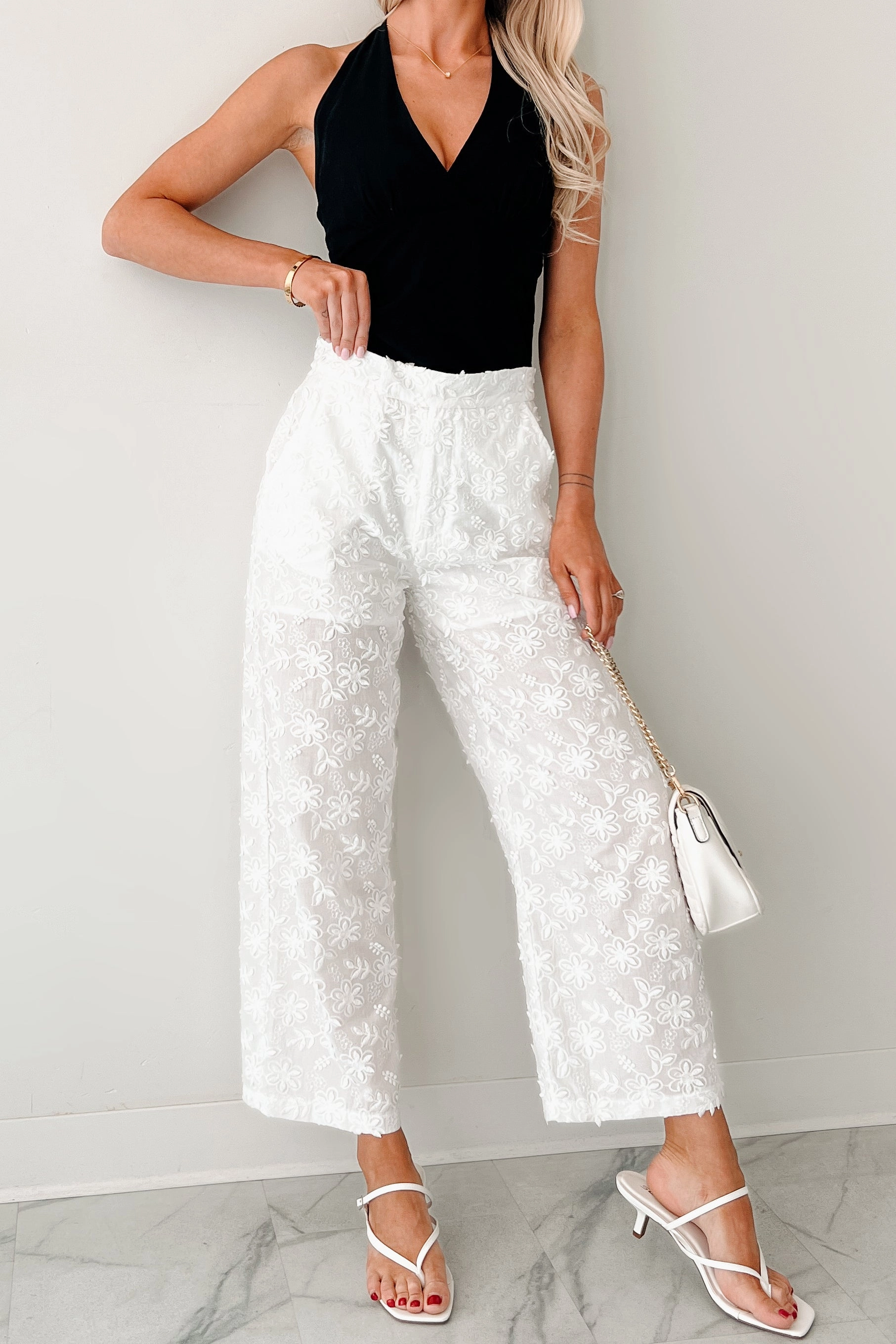 Adjustable loop Active Stretch Rise & Shine Floral Embroidered Wide Leg Pants (White)