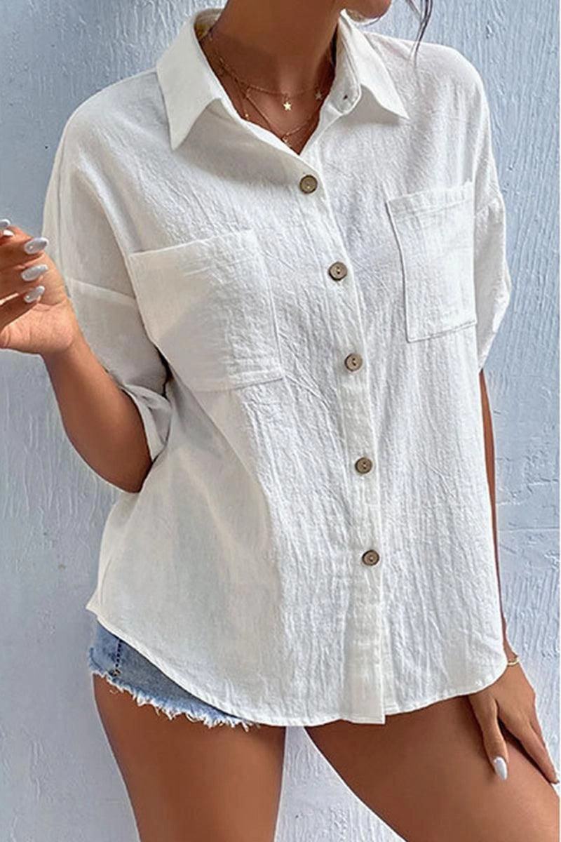 ROLL UP POCKET BUTTON UP LOOSE COLLAR SHIRTS Contrast Stitch Detail Flexible Knit