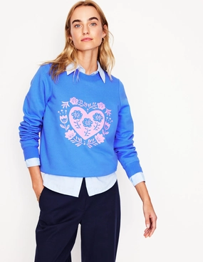 Hannah Embroidered Sweatshirt-Peacock Plume Blue, Hearts Flexible Material RibbedCuff