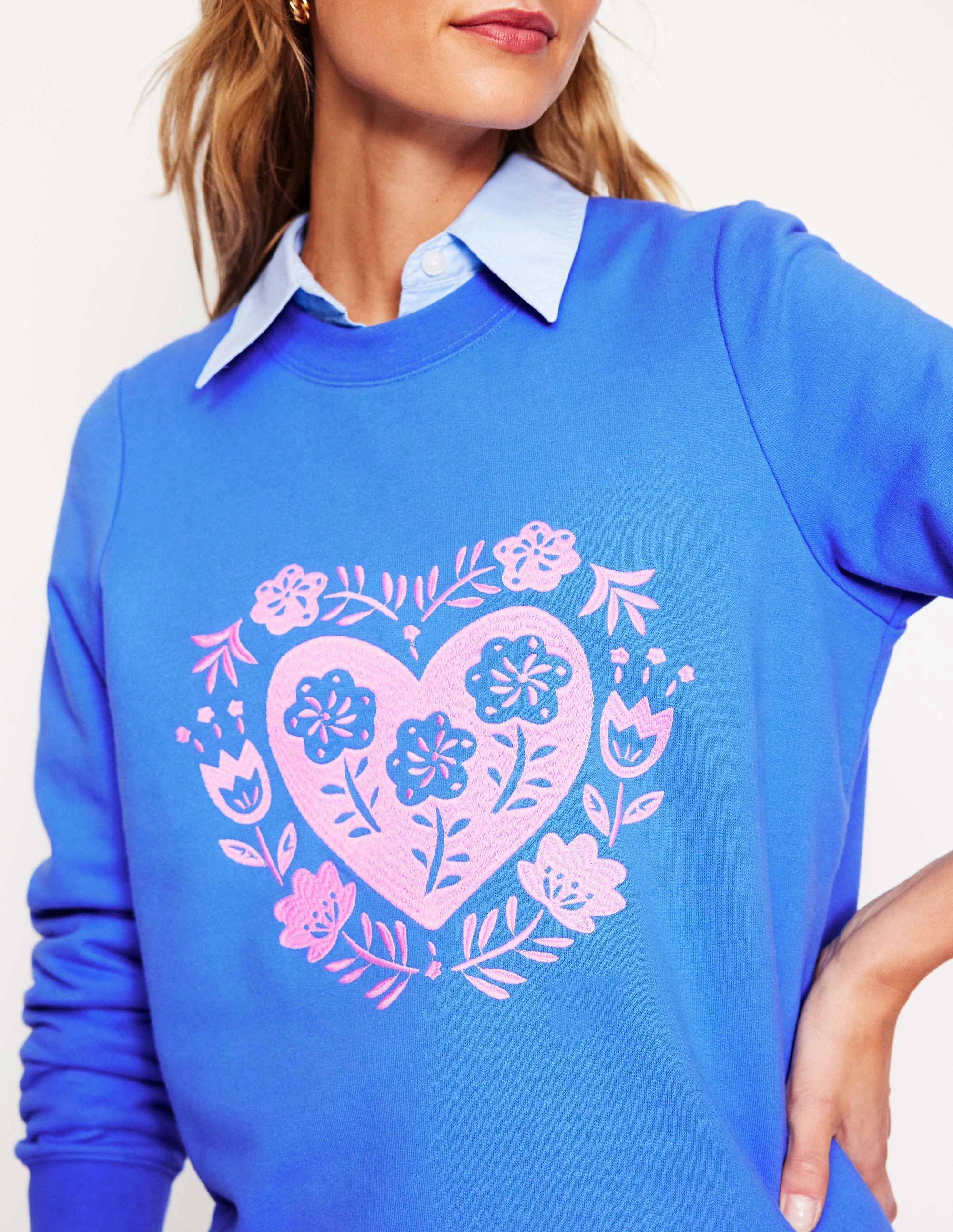 CrossGrain Fabric Hannah Embroidered Sweatshirt-Peacock Plume Blue, Hearts