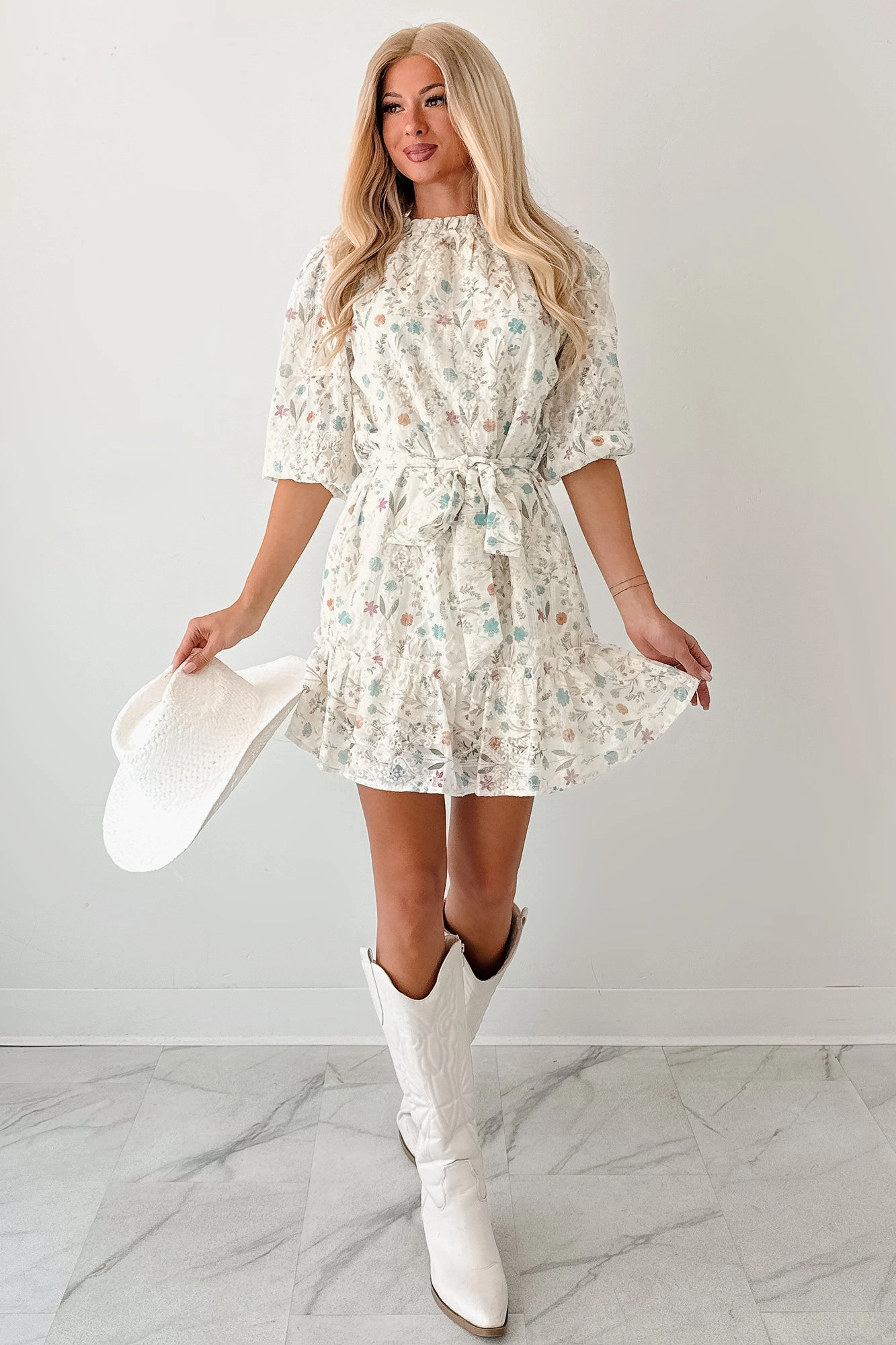 Romance Optional Floral Lace Mini Dress (Ivory/Multi) Functional-Design