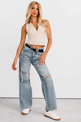 Romero Mid Rise Ripped Judy Blue Wide Leg Jeans (Light) Minimal Outfit Subtle Palette