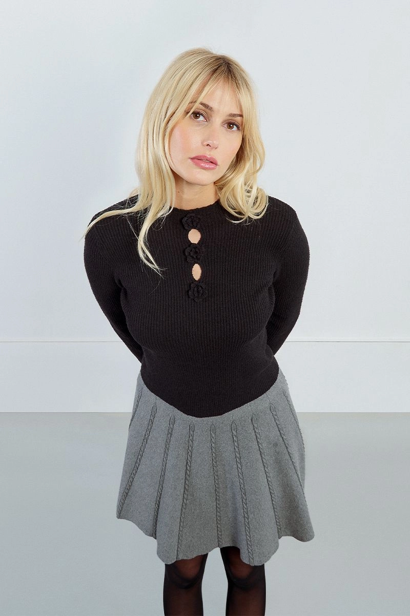 Rosette Keyhole Sweater in Black elegant design WaffleWeave