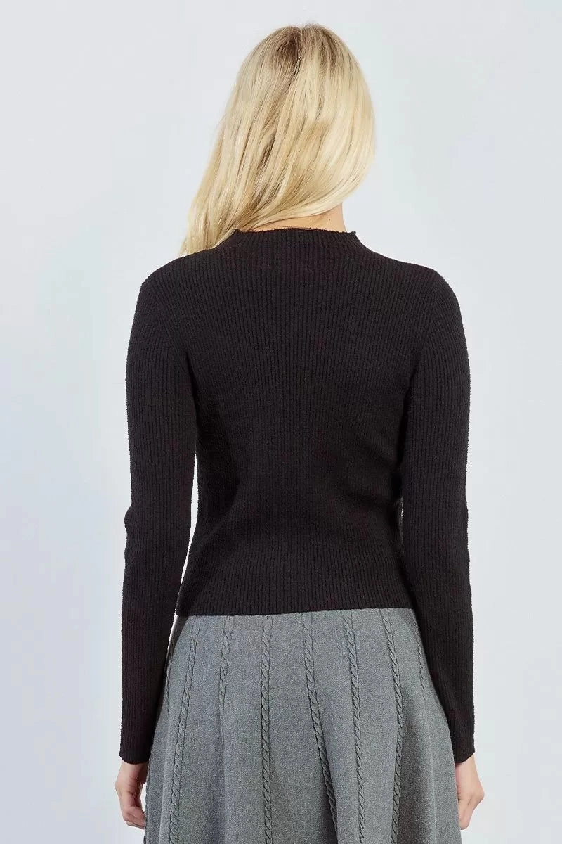 ContrastStitching Rosette Keyhole Sweater in Black