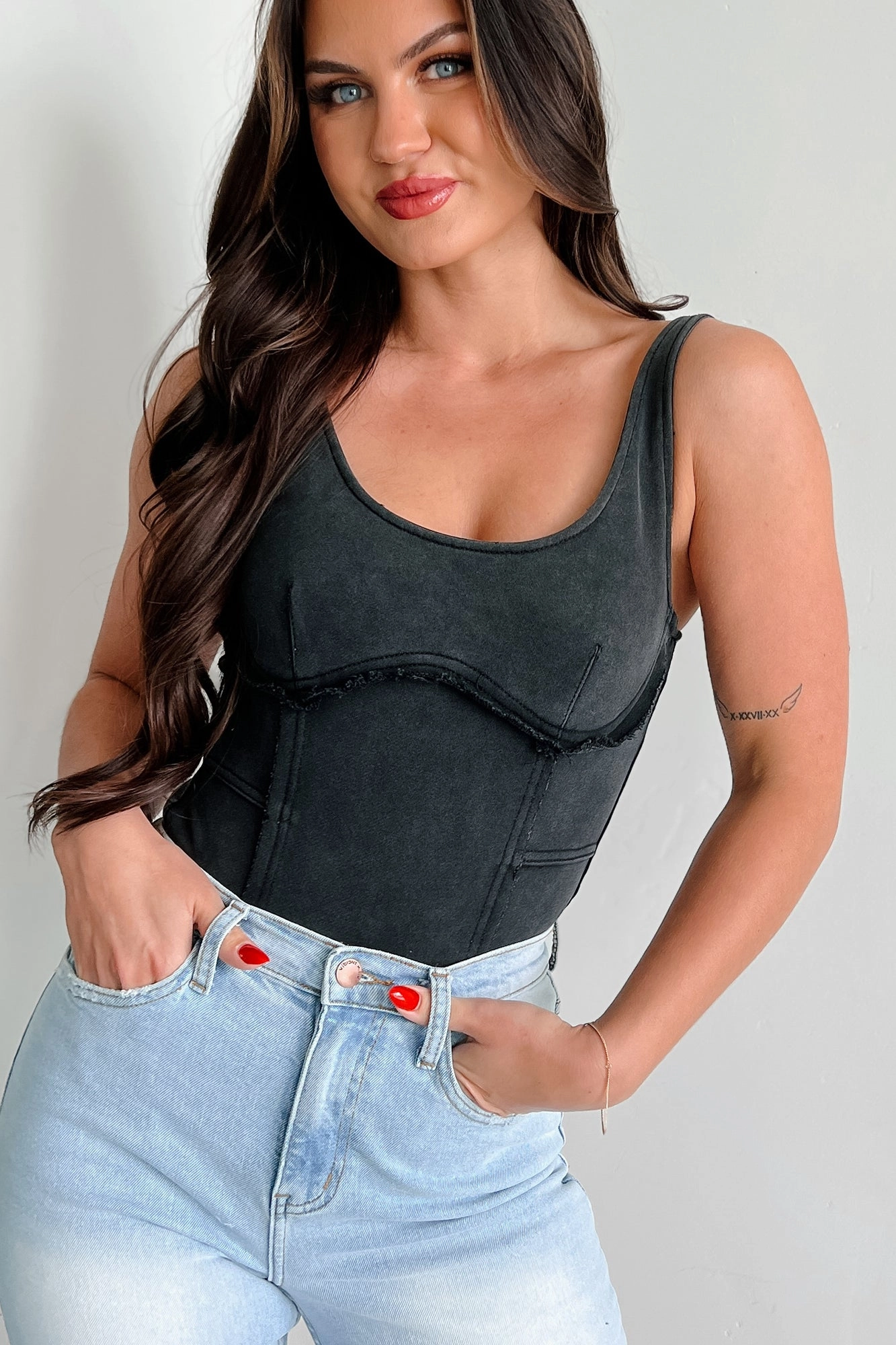 All-Day Wearable Rough Around The Edges Raw Edge Tank Bodysuit (Black)