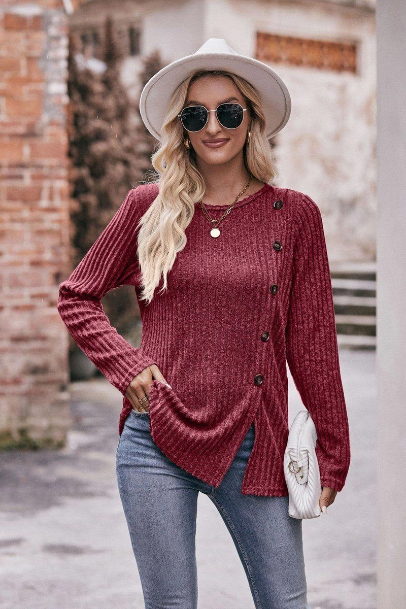 Trendy Look Layered Collar Structure ROUND NECK SIDE BUTTONED LONG LENGTH KNIT TOP