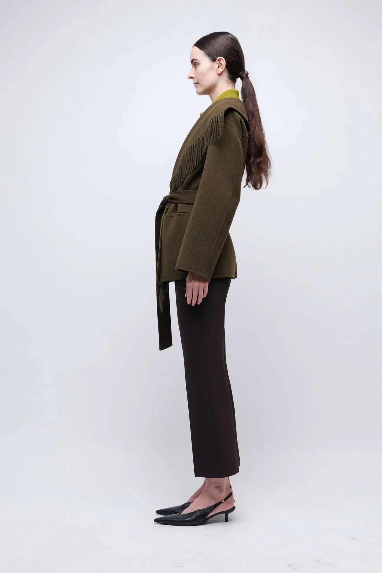 Rowen Fringe Belted Wool-Blend Jacket Alligator Functional Detail