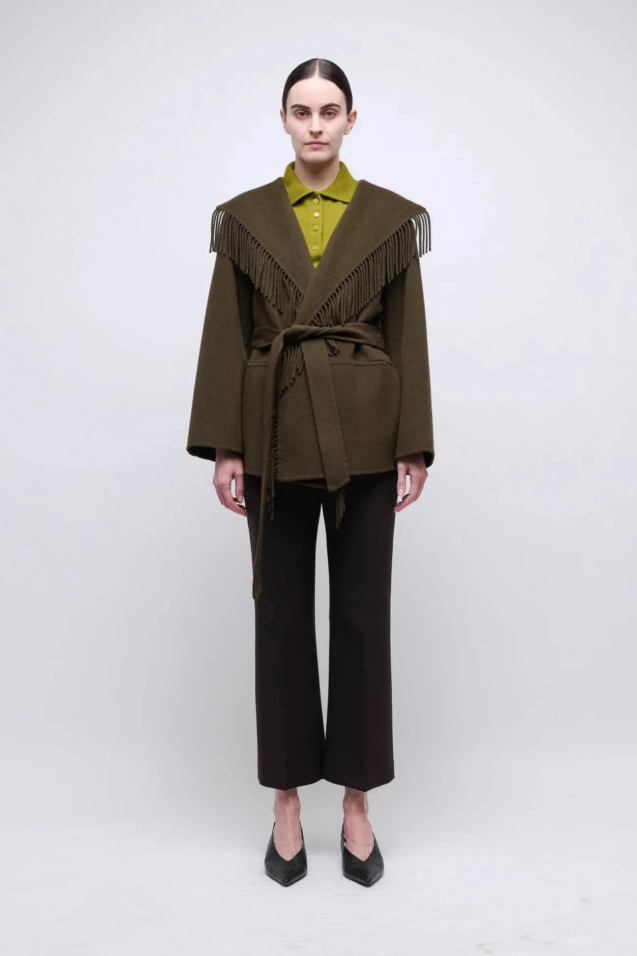 Rowen Fringe Belted Wool-Blend Jacket Alligator Windproof Construction