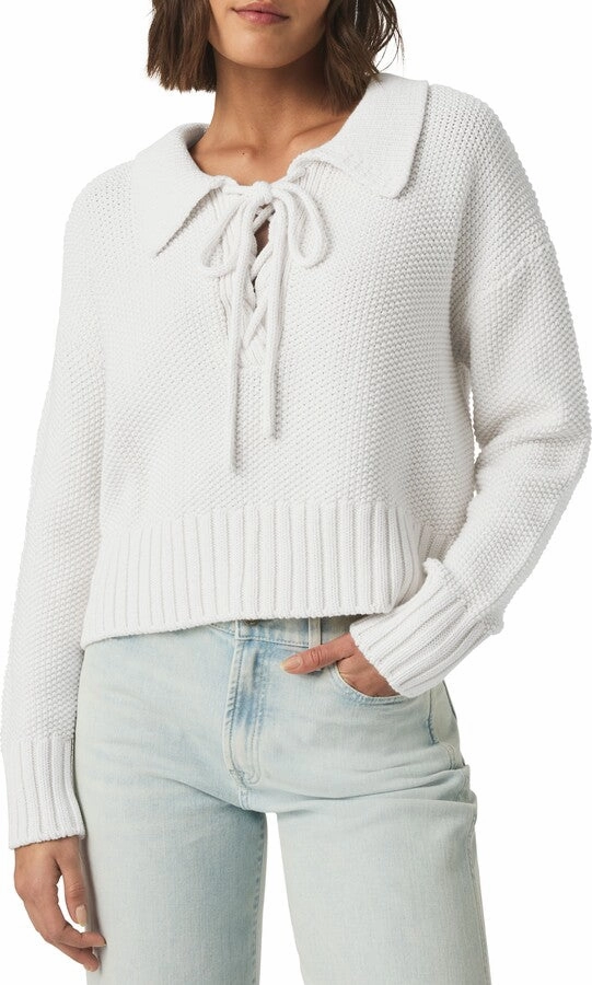 Yarn Dyed Stripes DurableBlend Roxie Lace Up Sweater in White