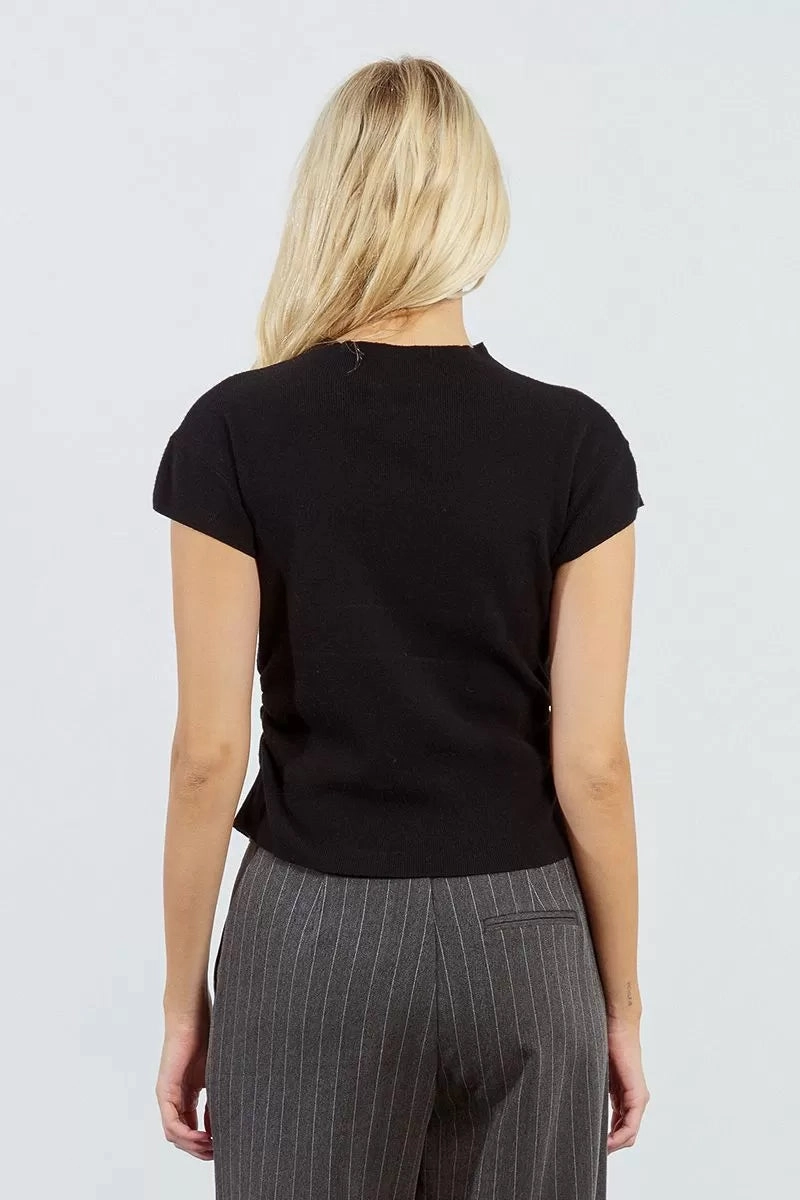 Wind Resistant Fabric Ruched Short Sleeve Sweater in Black